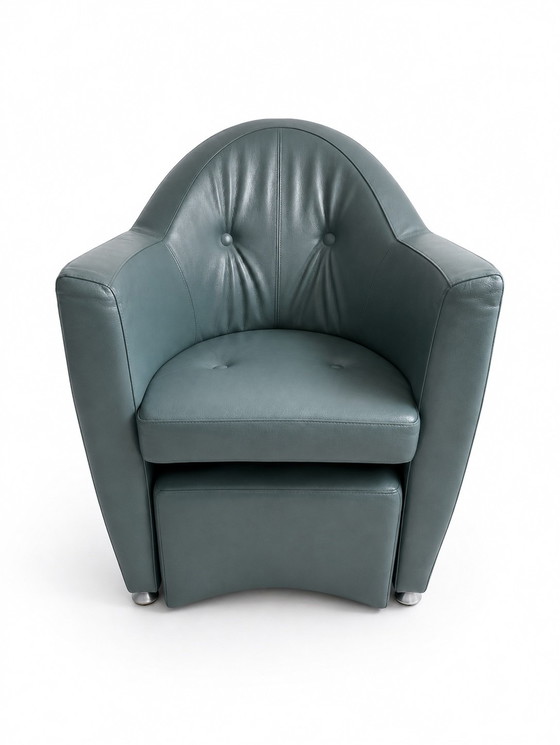 Fauteuil Leolux Carabita avec repose-pieds en cuir vert olive – Leather, Metal (photo 2 of 8)