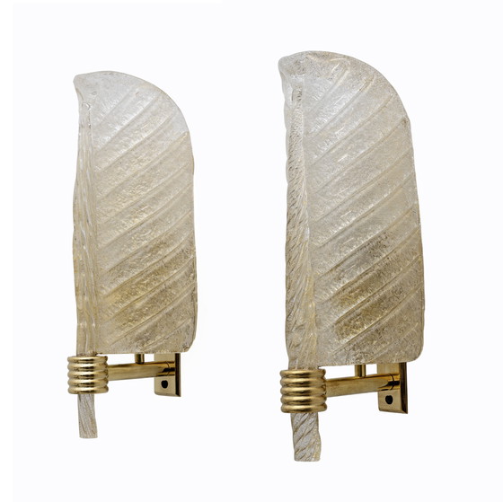 Image 1 of Pair Of Barovier & Toso Style Mid-Century "Graniglia" Murano Glass Leaf Sconces