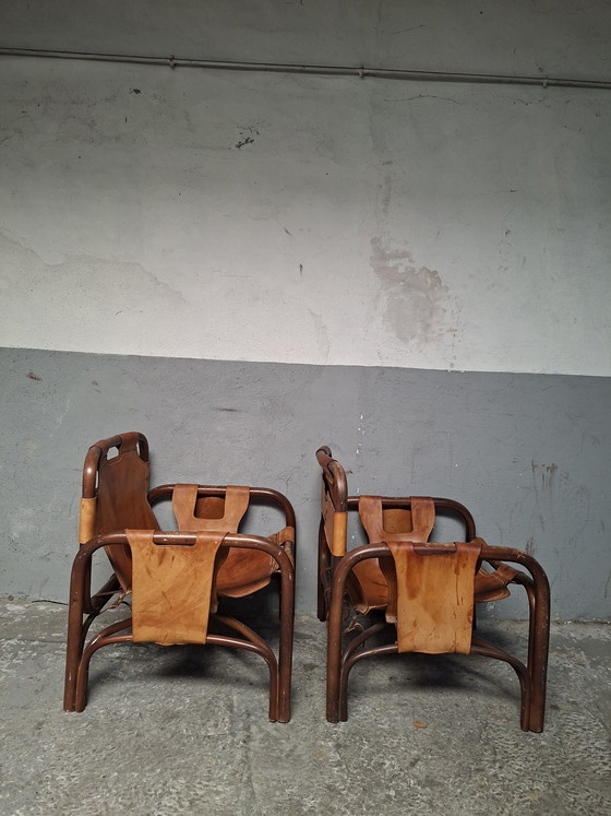 Image 1 of 2 poltrone safari in pelle e bambù di Tito Agnoli per Bonacina