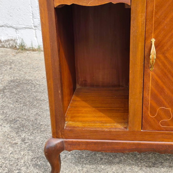 Antieke Franse art-deco console met marqueterie, houten kast met glazen blad, jaren 30 – Ladekasten, Glass (photo 12 of 21)