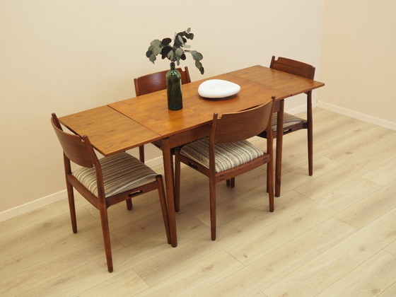 Table à manger extensible danoise en teck sur pieds en bois massif, années 1970, Tables de salle à manger (photo 10 sur 14)