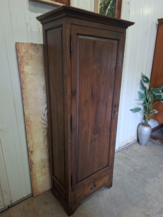 Image 1 of Rustic tall, narrow teak cabinet with shelves, dimensions: 81x46cm and 201cm high.