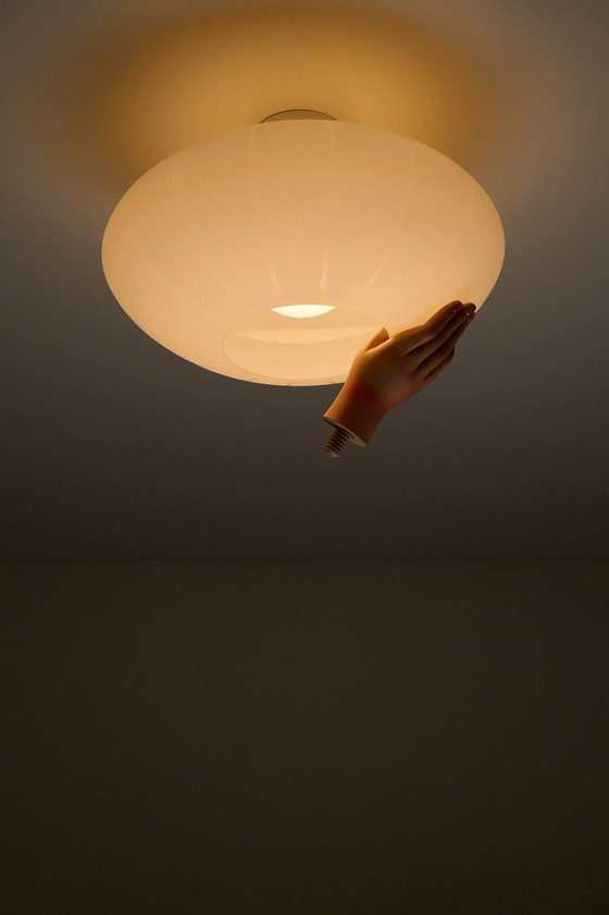Large Striped Opaline Glass Flush Mount Ceiling Light, Metal, White (photo 11 of 11)