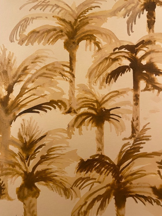 Image 1 of Dipinto ad acquerello firmato raffigurante un paesaggio di un'oasi orientale al calar della notte.