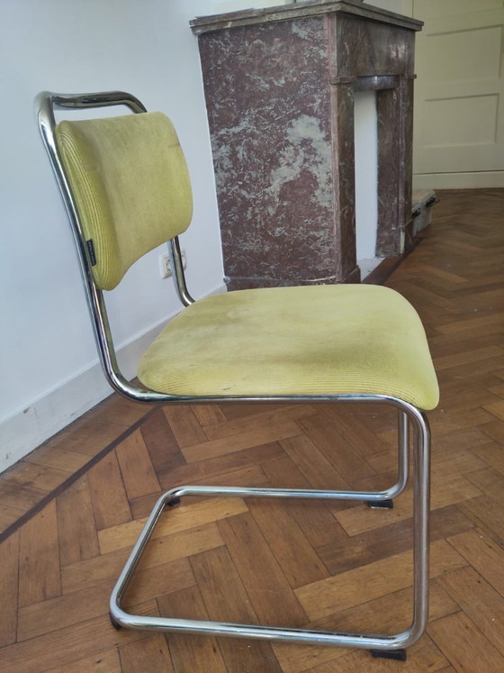 Image 1 of Set van 6 Dutch Originals Gispen Buisframe Eetkamerstoelen (zwart, groen, grijs/blauw)