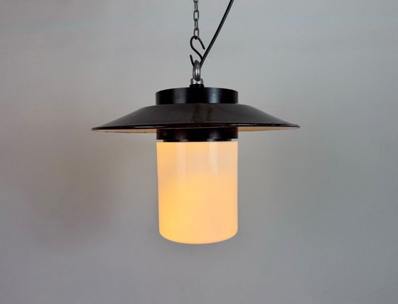 Image 1 of Industrial Grey Enamel Pendant Lamp with Milk Glass, 1960s