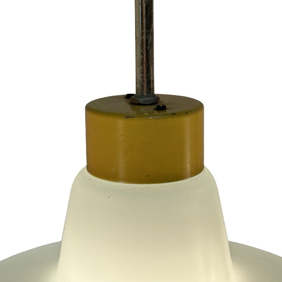 Image 1 of Vintage 50’s MCM Hanging pendant - Frosted / semi translucent white glass - Yellow ceiling mounted canopy and brass upright