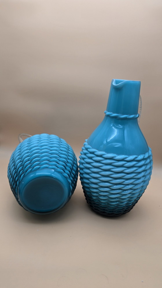 Pair of Vintage Turquoise Opaline Glass Jugs - Empoli, 1950s/1960s – Glass art (photo 4 of 5)