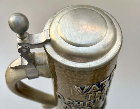 Image 1 of Lot de 4 chopes à bière vintage originales en grès avec couvercles en étain – König / GERZ – Allemagne, années 1970-1980