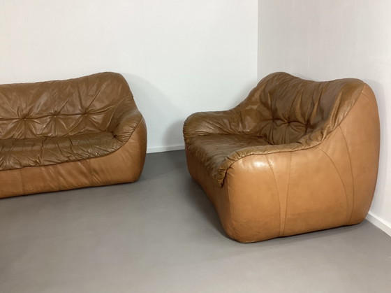 Image 1 of Ensemble de sièges vintage en cuir cognac des années 70, italien et français