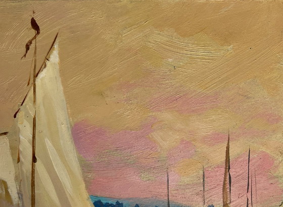 Image 1 of Original Oil Painting Evening Coastal Landscape Scarlet Sunset on the Ferry