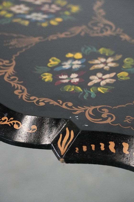 Image 1 of Antique English hand-painted floral tilt-top table from the late 19th century