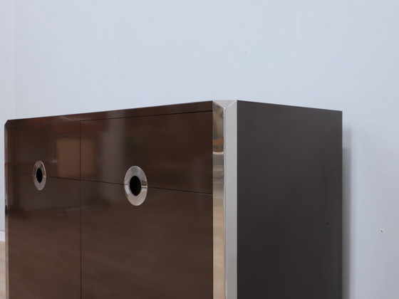 Image 1 of Mario Sabot credenza piccola in laminato marrone scuro e cromo anni '70