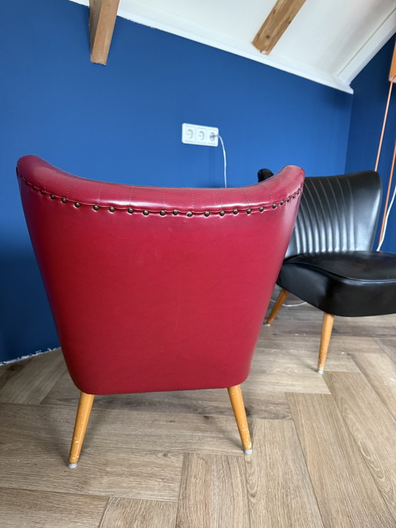 2 X Vintage Cocktailstoelen / Club Stoel, Mid-Century, Rood En Zwart – Fauteuils, Wood, Skai (photo 6 of 6)