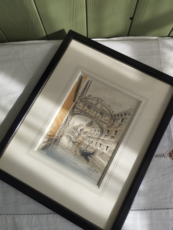 Image 1 of The Bridge of Sighs, Venice - Watercolor drawing dated 1990, signed and framed