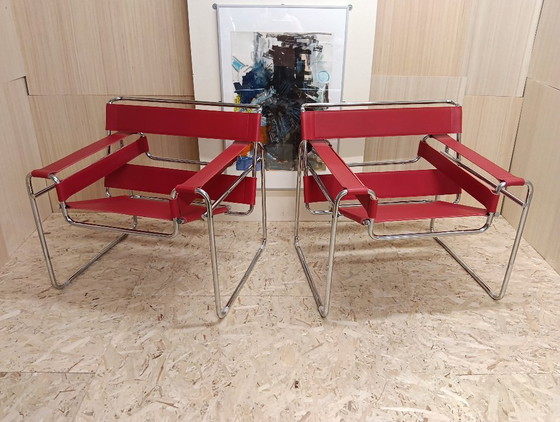 Image 1 of KNOLL Studio Set van 2 WASSILY B3 fauteuils (NIEUW) in rood leer