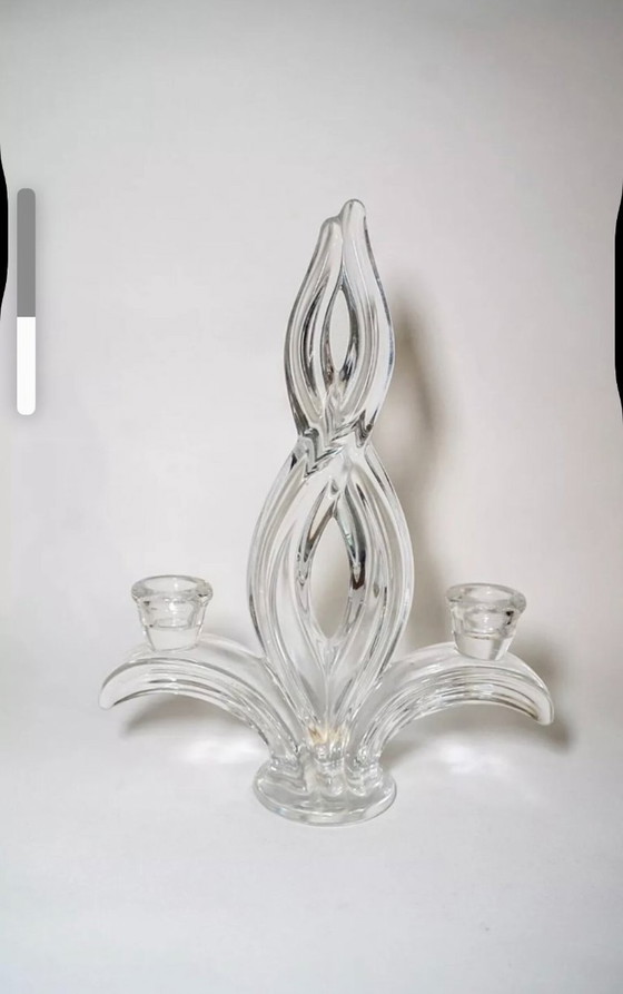 Image 1 of Pair of Vannes crystal candlesticks, fleur-de-lis motif, mid-century
