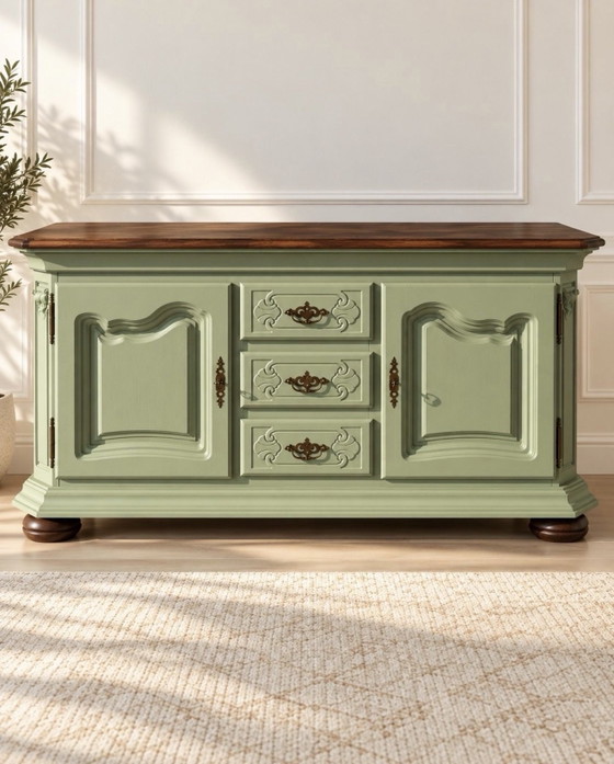 Restored Vintage Chest of Drawers – Sage Green – Dark Wood Top – Sideboard, Brass (photo 2 of 5)