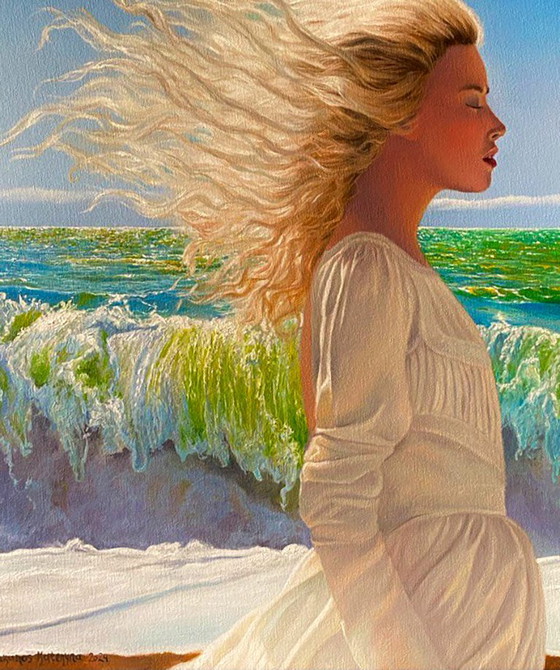 Original Oil Painting Portrait of a Girl Landscape Sea Breeze – Paintings & Drawings, Canvas (photo 4 of 8)