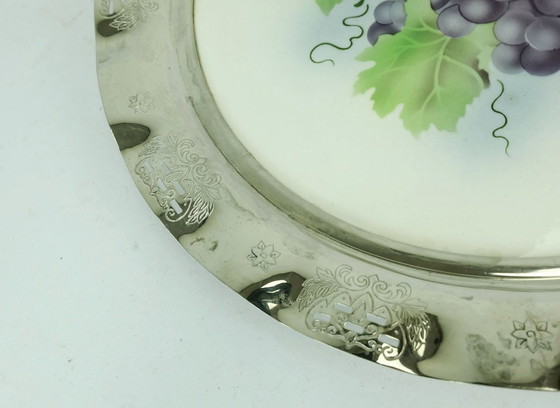 Image 1 of art nouveau art déco CAKE PLATTER cake plate ceramic and metal grape decor