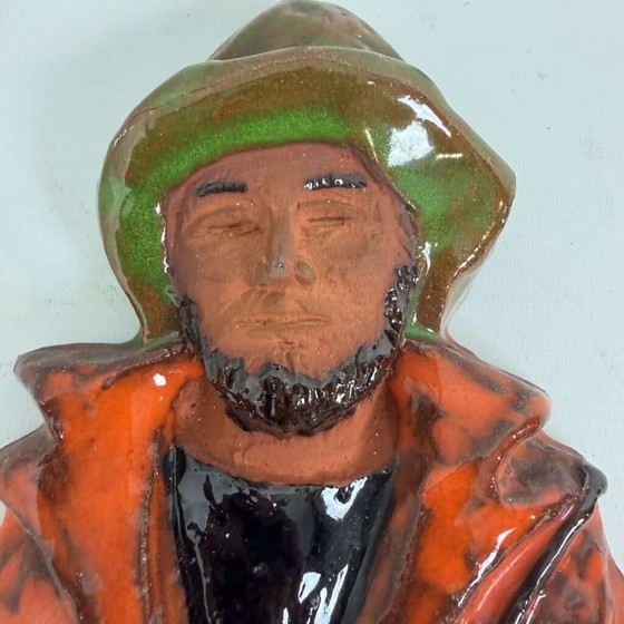 Terracotta wall decoration of a fisherman by Kany, Yellow, Mid Century Modern (photo 6 of 14)