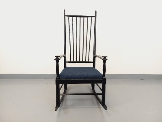 Image 1 of Fauteuil rocking-chair suédois de Karl Axel Adolfsson pour Gemla vintage en bois noir et tissu bouclette des années 50 60