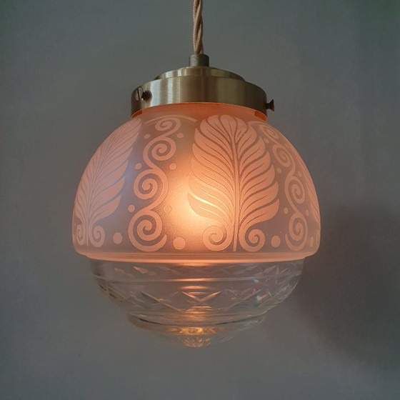 Vintage Bollamp / Hanglamp - Geslepen Glas (Ge-etst) Met Frosted Decoratie – Hanglampen, Metal (photo 7 of 15)
