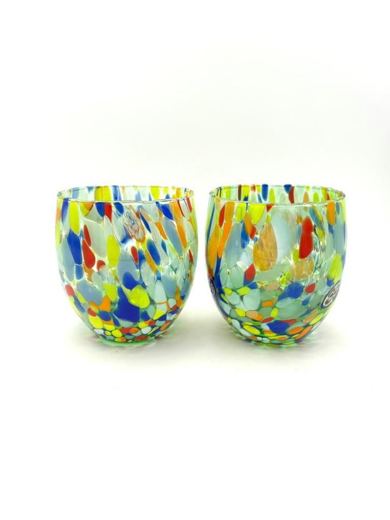 Image 1 of Set di 6 bicchieri in vetro soffiato veneziano con murrine Effetre Murano fuse nel vetro, hand made in italy.