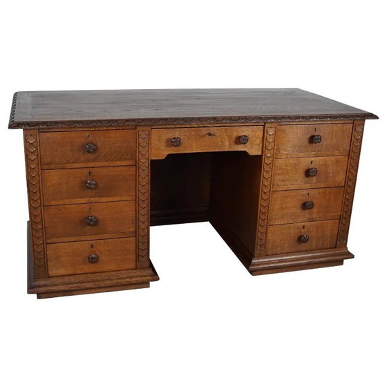 Image 1 of Antiker niederländischer Jugendstil-Schreibtisch/-Theke aus geschnitzter Eiche, frühes 20. Jahrhundert