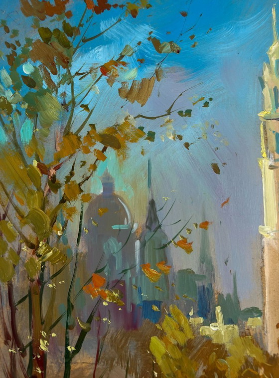 Image 1 of Original Oil Painting Autumn City Landscape Street in motion