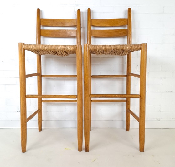 2x Vintage Barstools Minimalist Mid Century Modern 70s – Wicker, Wood (photo 2 of 10)