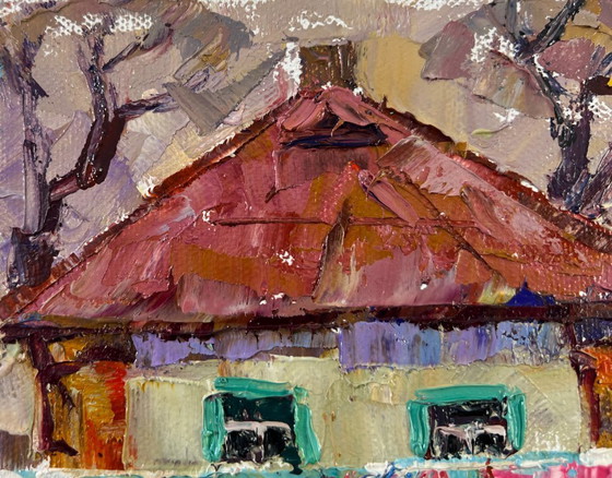 Image 1 of Original Oil Painting Autumn Village Landscape Yard in Sunset Light