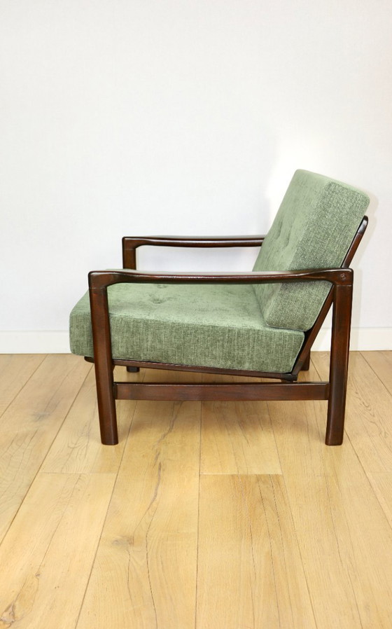Image 1 of Vintage brown wooden armchair green-olive jeans design by Z. Bączyk - 2 pieces available