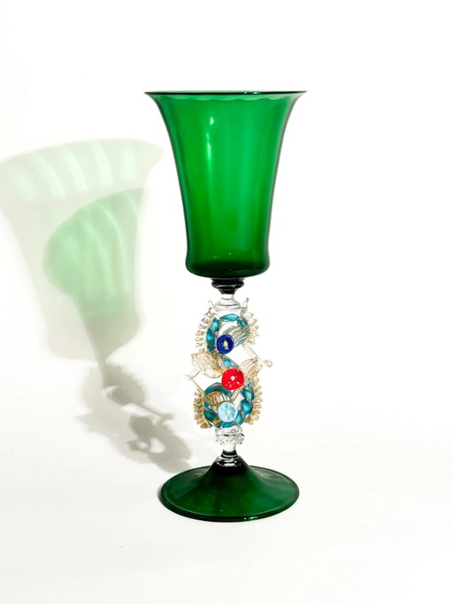 Calice in vetro di Murano soffiato anni '70 con decorazioni floreali