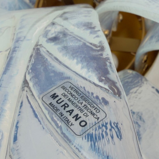 Image 1 of Lámpara de araña iridiscente de cristal de Murano y latón con hojas de palmera