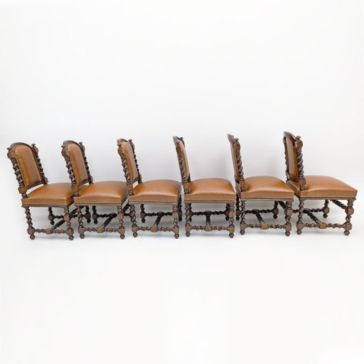 Six of Antique Italian Neo-Renaissance Walnut Dining Chairs in Genuine Leather.