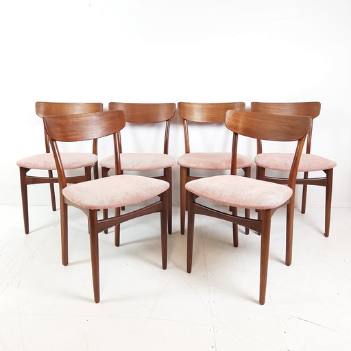 6 Deense Vintage Eettafel Stoelen | Nieuw Gestoffeerd Roze