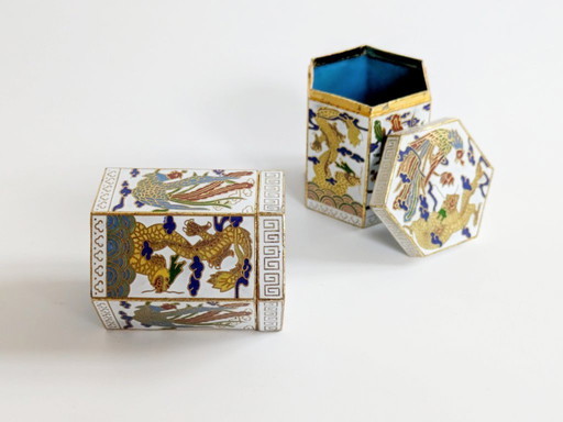 Ensemble de 2 boîtes cloisonnées Dragon Phénix Émail blanc Décoration chinoise vintage