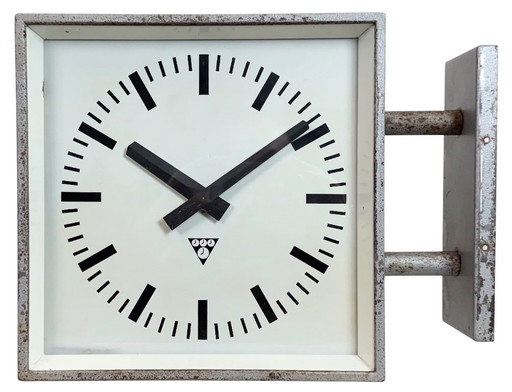 Industrial Square Double Sided Factory Wall Clock from Pragotron, 1970s