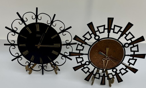 Two vintage wall clocks – wrought iron / mid-century design – Diehl & handmade copper clock