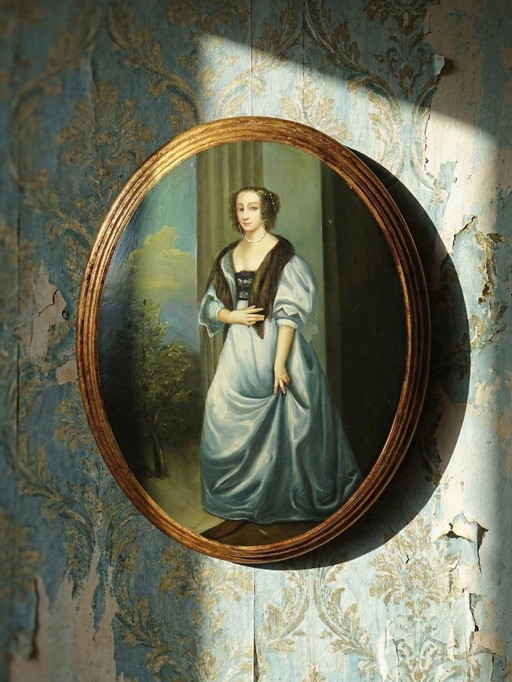 Grand portrait élégante médaillon huile sur bois bombé Vénitien vintage