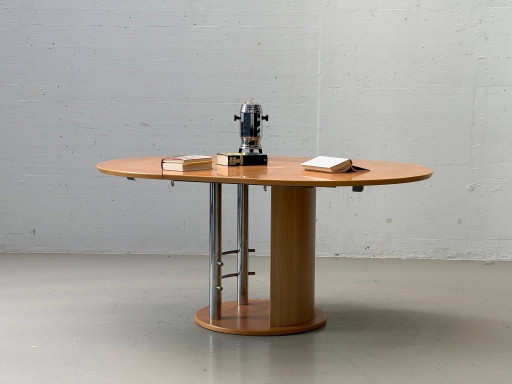 Table de salle à manger vintage extensible, bois et chrome, années 1980