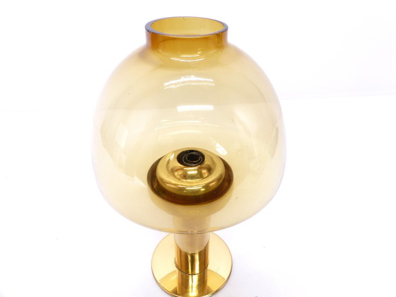 Image 1 of Set of 5 Hans-Agne Jakobsson Scandinavian Candlesticks Claudia Model in Brass and Amber Glass, Sweden, 1960