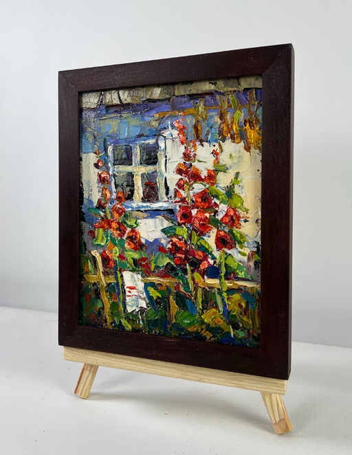 Original Oil Painting Summer Flowers Landscape Mallows are blooming near the house