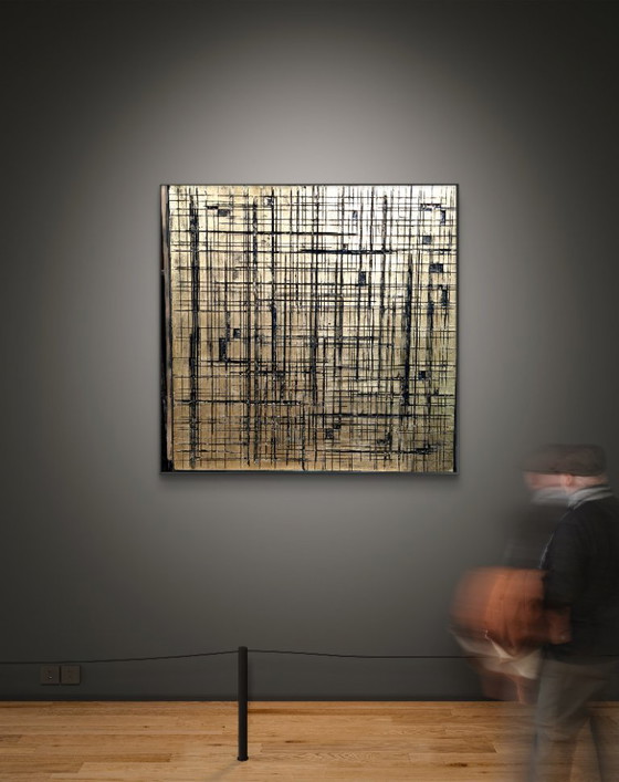 Image 1 of The Gold Factory – Monumental Wall Object with Line Play (121 × 121 × 4 cm)