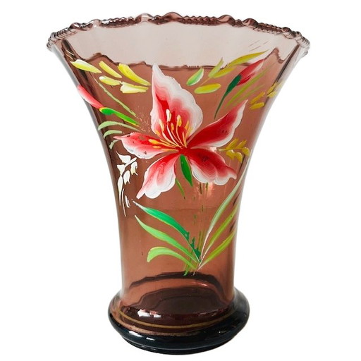 Jarrón Artdeco de cristal rosa con flores pintadas a mano Años 30