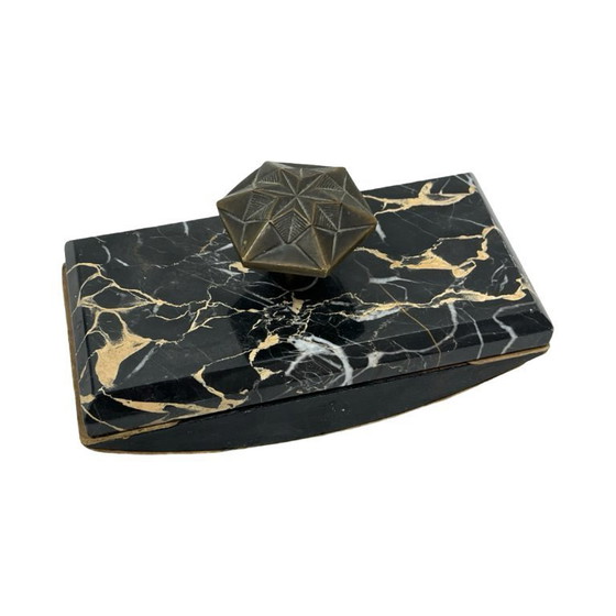 Image 1 of Art Deco Executive Desk Set: Letter Holder and Blotter – Portoro Marble and Brass – 1930s