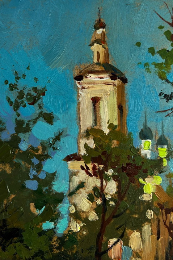Image 1 of Original Oil Painting Summer Church Landscape Towers of the monastery