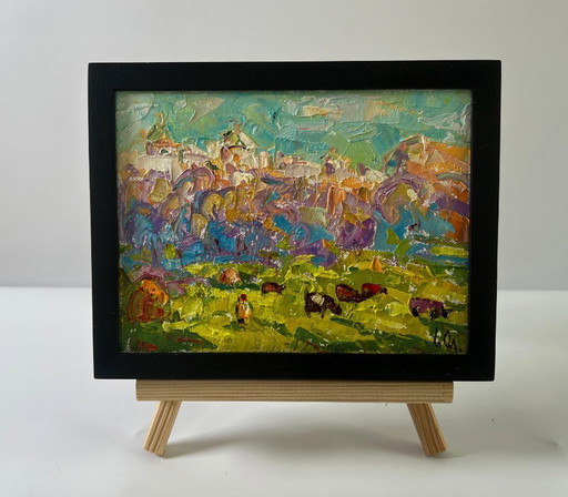 Original Oil Painting Summer Nature Landscape A Walk Outside The Village – schilderijen tekeningen, Canvas