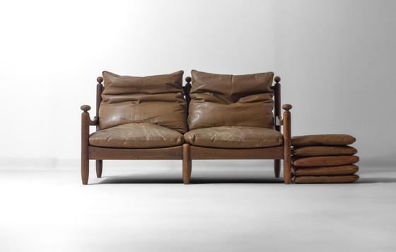 Image 1 of Canapé français en chêne et cuir